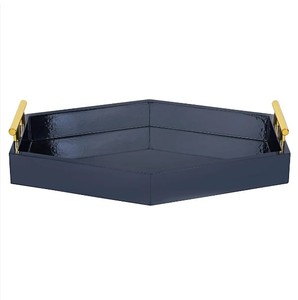 Plateau hexagonal de qualité exportable avec poignées en métal couleur bleu marine et or-Plateau d'appoint chic pour pouf, console ou plateau de décoration intérieure - Product Image 2