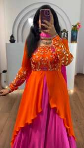 ชุดเดรส Anarkali ผ้าจอร์เจตต์เนื้อหนาปักลายสีส้มชมพู พรีเมียม ยูนิตี้ ลักซ์ชัวร์ พร้อมผ้าคลุมไหล่ดีไซเนอร์ สำหรับงานปาร์ตี้ฤดูร้อน ระบายอากาศได้ดี - Product Image 2