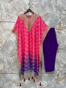 Secuencia de seda Chinon hecha a mano para fiesta y boda bordada e impresión digital con caftán y pantalón de trabajo Latkan pesado - Product Image 4