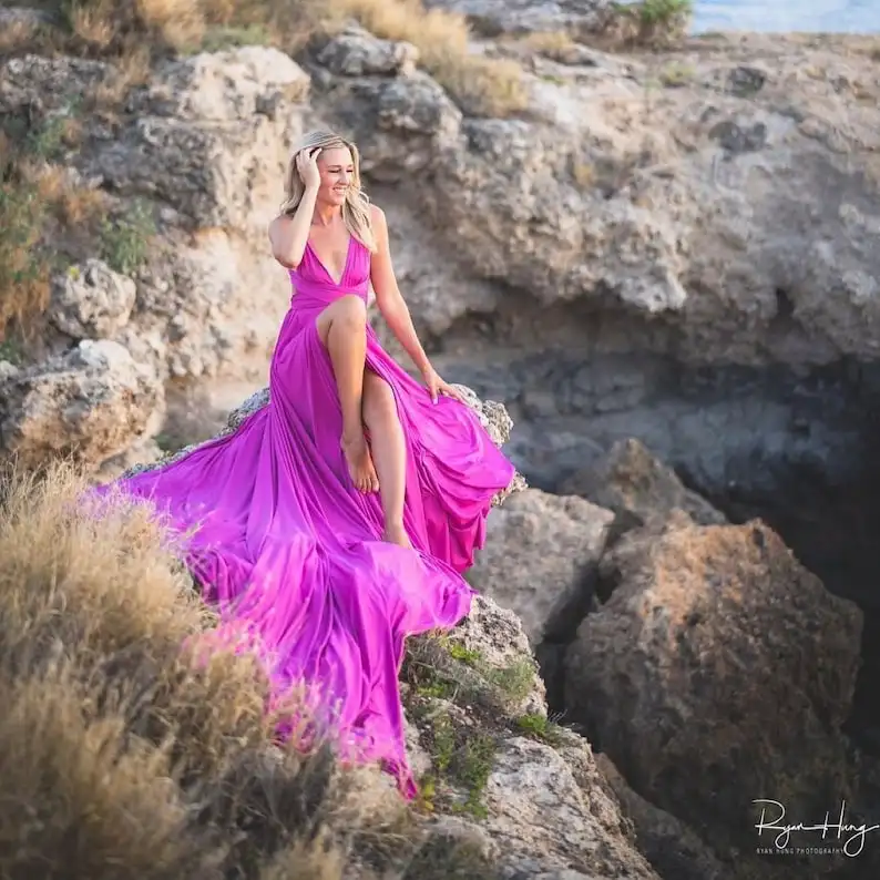 Nieuwe Groothandel Vrouwen Off Shoulder Jurk Lange Vliegende Jurk Voor Lange Trein Fotoshoot Flowy Satijn Santorini Vliegen Voor Vrouw Dame