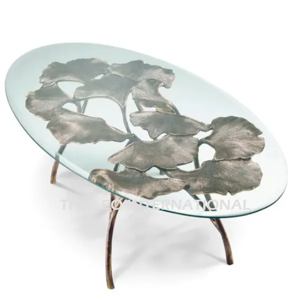 Métal aluminium Base en forme de Lilly Leafs Table basse ovale en verre clair 30X24X16 Inch Mobilier moderne Tables américaines de luxe