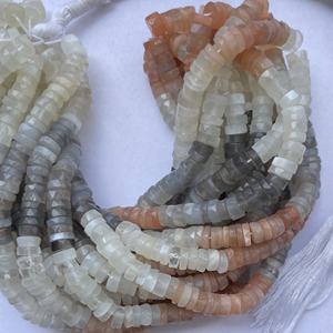 Perles Heishi facettées en pierre de lune naturelle multicolore (pêche, blanc, gris) de 6 mm et 8 mm pour grossistes, fournisseurs d'usine en ligne - Product Image 2