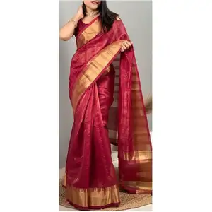 인도 수출 품질 여러 가지 빛깔의 Organza 패브릭 Saree 블라우스 내장 시퀀스와 Zari 국경 및 Pallu 숙녀 패션의 Tussles