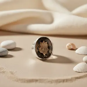 925 Silver Smoky Quartz Statement <b>Ring</b> for Women Handmade <b>Boho</b> Jewelry with Lovers Pattern Topaz Cut Stone Platinum Material - Product Image 1