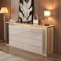 Commode à huit tiroirs brillante, meuble de rangement moderne en bois pour maquillage avec verre trempé