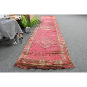 Tapis turc vintage 2.3x11,4 pieds rouge marron grande surface laine Patchwork Design pour couloir ou chambre à coucher latex soutenu - Product Image 3