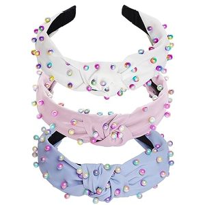 Fascia per <span class=keywords><strong>capelli</strong></span> da donna alla moda con perle colorate e nodi, fascia iridescente con perline, cerchietto largo in tessuto con nodo superiore, accessori per <span class=keywords><strong>capelli</strong></span> da ragazza - Product Image 2