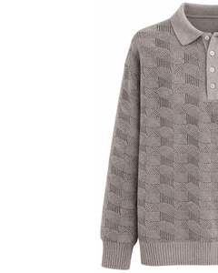 Suéter Polo de Punto Texturizado para Hombre, Manga Larga, Cuello con Botones, Informal, para Invierno, Color Gris Jaspeado, para Venta al por Mayor - Product Image 4