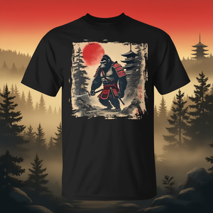 T-shirt vintage con grafica tramonto giapponese per Big Foot Samurai, abbigliamento promozionale in stile giapponese - Product Image 3