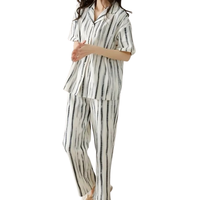 Piyama Wanita Elegan Bahan Bambu Bernapas Cepat Kering Model Patchwork Rajutan Lembut Logo Depan Dua Potong Pakaian Tidur Kerah Elastis Pinggang Elastis