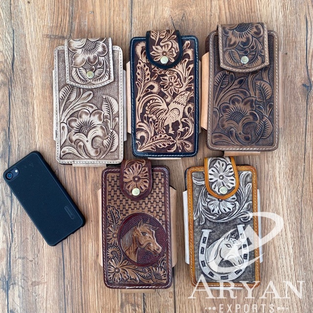 Travel Hiking Hand Tooled Leather Mobile Phone Case Men's Waist Pack Leather Belt Pouch Cell Phone Holster Waist Bags for Unisex