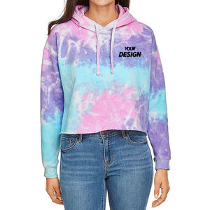 Nuevo diseño de logotipo personalizado Tie Dye Crop Top Sudadera con capucha Ringspun Algodón/poliéster Tie-Dye Mujeres Cropped Pullover Hoodie - Product Image 5