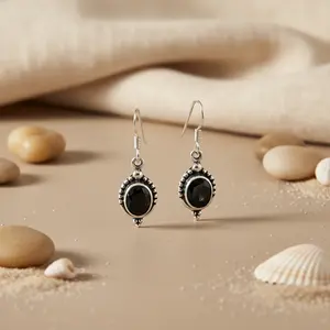 Boucles d'oreilles pendantes et clous ovales en argent 925 avec onyx noir pour femmes, vintage et tendance, pour fiançailles, ensemble de bijoux en diamant et rubis, cadeau - Product Image 2