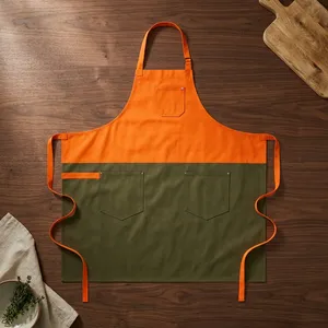 Bib <b>Apron</b> Canvas Orange Green Fashionable Reusable Durable with Pockets Machine Washable for Cooking Daily Use - Product Image 1