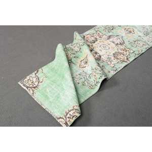 Turkish Vintage Rug, 2x7.1 ft Rug, <b>Green</b> <b>Runner</b> Ikat Rug - Product Image 4