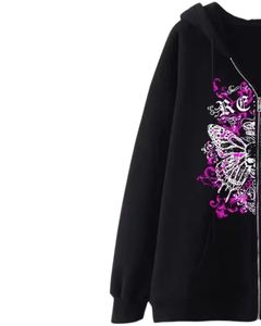 <b>Black</b> Purple Butterfly Rebel Print <b>Zip</b> Up <b>Hoodie</b> <b>Women</b> Oversized Gothic Streetwear Hooded Sweatshirt Winter Jacket - Product Image 2