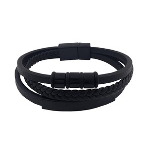 Bracciale e braccialetto alla moda con motivo in acciaio e pelle nera - Product Image 1