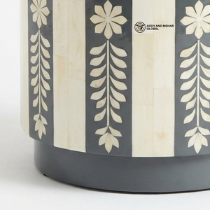 All New Modern Handcrafted Bone Inlay <b>Round</b> Side <b>Table</b> Grey and <b>White</b> Floral Vine Pattern End <b>Table</b> Luxury Bone Inlay Coffee Tab - Product Image 5