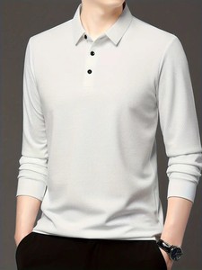 เสื้อเชิ้ตโปโลแขนยาวสำหรับผู้ชายเสื้อถักผ้าโพลีเอสเตอร์สีพื้นแบบลำลองแฟชั่นขายดี220กรัม - Product Image 3