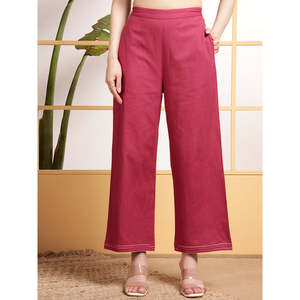 Deebco Women's Fuchsia Cotton 2-Piece Co-Ord <b>Set</b> Casual Sleeveless Floral Embroidery Loose Fit Top And Mid-Calf Length Trouser - Product Image 3