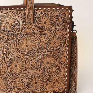 Wholesale Tan Curved Western Carving <b>Leather</b> Laptop Bag Most Popular Choice for <b>Shopping</b> Handbags - Product Image 3