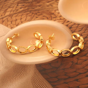 Pendientes de aro de metal de Latón chapado en oro de gran tamaño, collar en blanco liso, forma circular ovalada, pendientes de aro de poste de oreja de piedras preciosas - Product Image 4