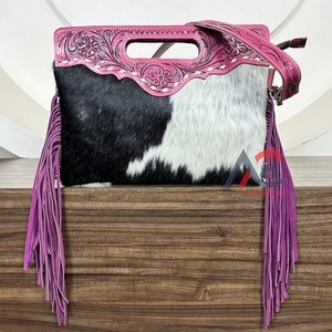 Exclusive Premium Quality 2025 Customized Hand Tooled Cowhide Leather Handbags Handled Zipper Crossbody Shoulder Fringe Bags - Product Image 1