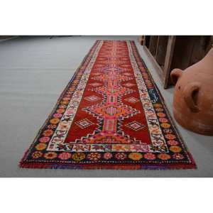 พรมขนแกะสีขาวสีแดงแบบดั้งเดิมดั้งเดิมขนาด2,8X12ฟุตสไตล์วินเทจสไตล์ตุรกีผืนใหญ่แบบแอบสแตรกต์รูปสี่เหลี่ยมผืนผ้าสำหรับห้องโถงห้องโถงห้องโถง - Product Image 2