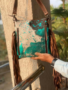 Bolso de piel de vaca de estilo occidental con flecos de piel metálica, bolso bandolera, bolsos tallados a mano, ropa de fiesta, pelo de mujer en la piel - Product Image 4