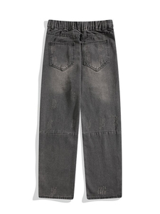 กางเกงขาตรงเอวสูงของผู้ชายกางเกงยีนส์ผ่าสูงลายกราฟฟิตี้แนวสตรีทเน้นความโดดเด่นสำหรับขอทานไซส์ใหญ่พิเศษ - Product Image 2