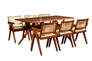 Table en bois de frêne moderne avec chaise en pierre, siège rembourré en cuir de noyer, dossier en rotin pour salle à manger, maison, villa, meubles ou hôtel - Product Image 2