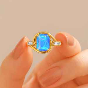 Natural Blue Opal Octagon <b>Ring</b> Multifire Opal 925 Sterling Silver 14K Gold Plated Statement <b>Ring</b> Opal Birthstone Gift - Product Image 2