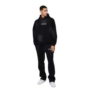 Unisex 450GSM High Quality Acid Wash <b>Black</b> Sweatsuit <b>Men's</b> 100% Cotton Raglan <b>Hoodie</b> Flare Pants Tracksuit Custom Logo Winter - Product Image 1