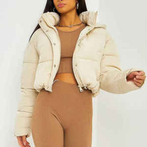 Custom Design Navy OEM Women's Puffer <b>Cropped</b> Hooded <b>Jacket</b> Full Drawstring Zip And Bubble <b>Jacket</b> Women's Winter Down <b>Jacket</b> - Product Image 5