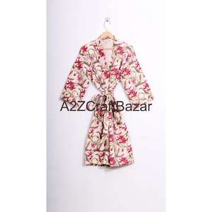 Robe de luxe pour femme en coton 100% respirant, courte, à manches trois quarts, à cordon de serrage, à col en V, à fleurs tissées vintage, faite à la main - Product Image 5