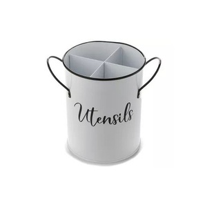 Cream metal <b>utensil</b> holder kitchen crock with printed line-art spatula spoon vintage organizer for spatulas spoons and ladles - Product Image 3