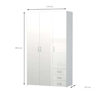 Armoire moderne en MDF blanc à 3 portes avec 3 tiroirs, tringle à vêtements, étagères réglables, fermeture douce, rangement durable pour chambre à coucher