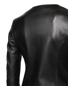 Blouson en cuir noir pour femme, sans col, coupe ajustée, fermeture éclair, blouson bomber respirant, véritable peau d'agneau, doublure en coton, vêtements de moto décontractés - Product Image 4