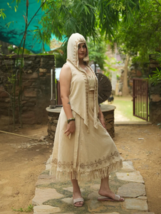 Conjunto bohemio de falda choli y kimono de algodón orgánico con estampado de bloques, conjunto de falda RePro de 3 piezas beige - Product Image 2