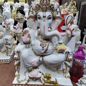 รูปปั้นหินอ่อนกันฝุ่นสีขาวบริสุทธิ์ทำด้วยมือสวยงามพระพิฆเนศอินเดียพระพิฆเนศมานั่งบ้านดอกบัววัดวันหยุดวันขอบคุณพระเจ้า - Product Image 1
