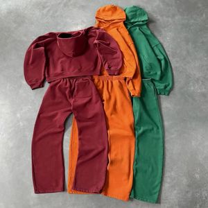 Venta al por mayor personalizado sólido en blanco lavado con ácido pantalones de chándal y Boxy recortado sudaderas con capucha conjunto de chándal de los hombres chándal - Product Image 2