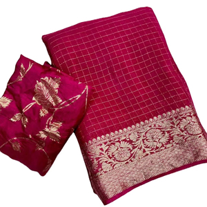 Beau motif Chex imprimé Dola Banarasi soie Style bureau fête et réception spécial Goldan Zari frontière traditionnel Saree - Product Image 1