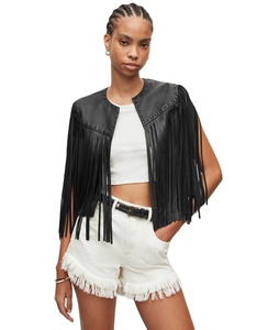 เสื้อกั๊กหนังแท้สำหรับผู้หญิงแจ็กเก็ตหนังเบสบอลเปิดไหล่หนังแท้ระบายอากาศได้มีพู่ห้อยหนังผู้หญิง - Product Image 1