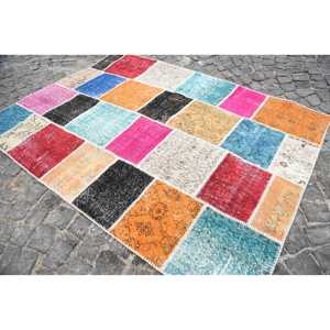 Tapis vintage, grand tapis turc de 5,6x7,7 pieds, tapis patchwork rayé rouge et orange - Product Image 3