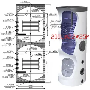 200L 200L热交换器盘管内置2合1水龙头热水储水箱在一个水箱中容纳加热缓冲罐