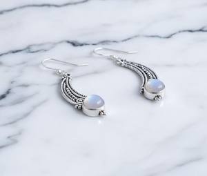 Boucles d'oreilles en pierre de lune céleste en forme de croissant, argent sterling, style balinais, pendantes, bijoux à granulation complexe - Product Image 6