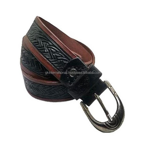 100% Genuine <b>Leather</b> Cowhide Two Tone Vintage Style Western <b>Leather</b> Hand <b>Tooling</b> <b>Belt</b> for Men with Adjustable Nickel Buckle - Product Image 4