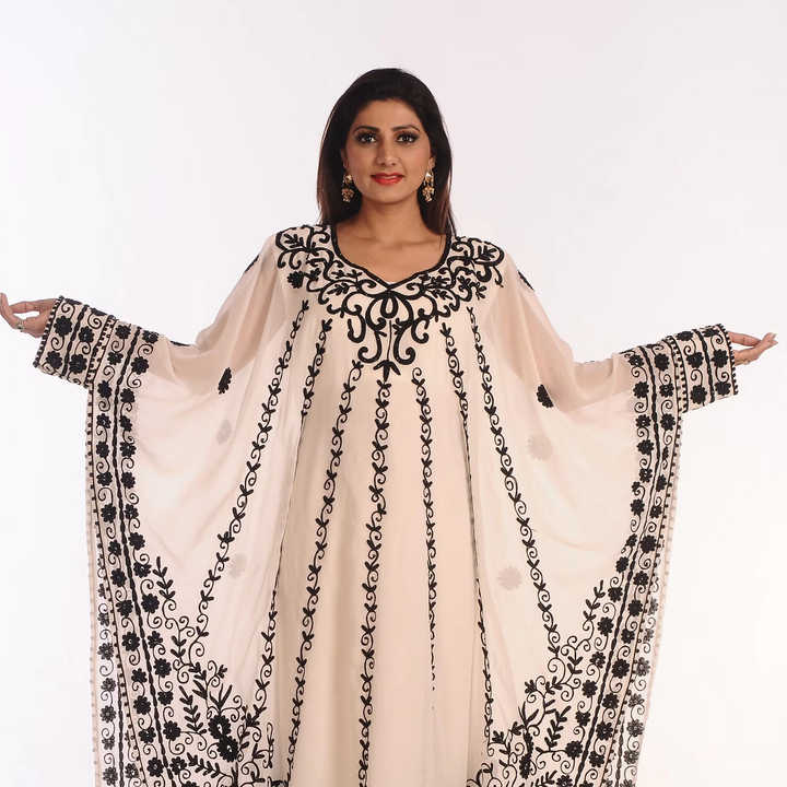 Ivory Embroidered Georgette Islamic Kaftans With Zari Work