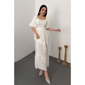 <b>White</b> <b>Balloon</b> Sleeve Ruffled Dress - <b>White</b> - Product Image 2