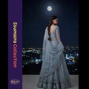 Vestido de noche bordado azul cielo de lujo-Venta al por mayor Ropa formal paquistaní con Dupatta Anarkali - Product Image 3